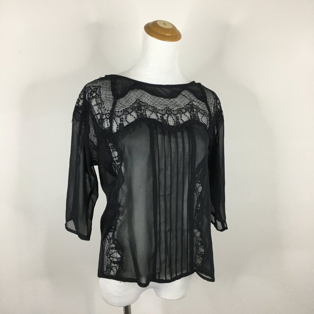 NWT LC LAUREN CONRAD 3/4 Sleeve Black Powder Room Lace Pleats Insert Sheer Shirt